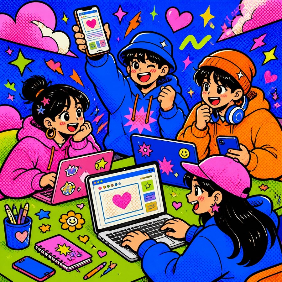 노트북과 휴대폰으로 초대 홈페이지를 함께 만드는 청소년들 일러스트