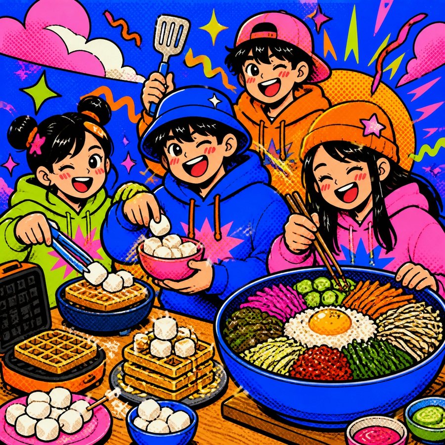 와플과 마시멜로 간식, 비빔밥을 함께 만드는 청소년들 일러스트